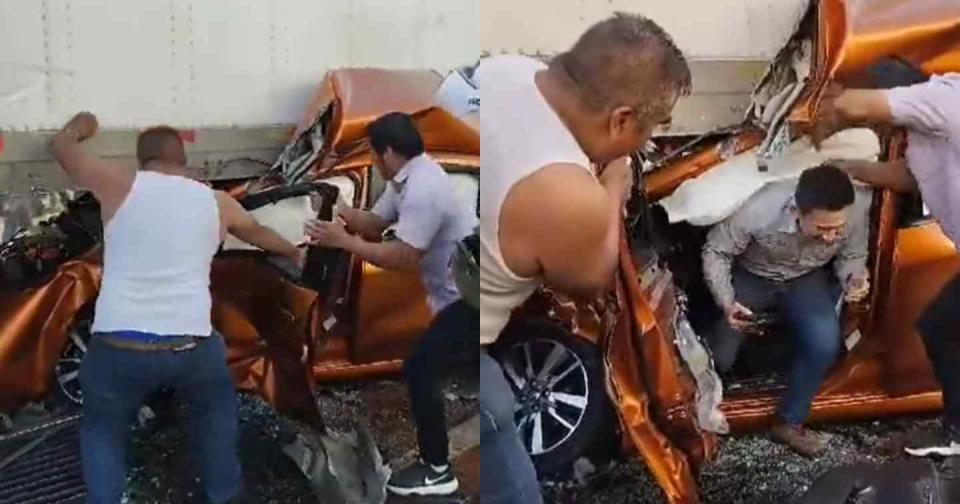 Un conductor quedó debajo de un tráiler y salió ileso en Tabasco. Foto: Captura de video Facebook vía Dossier Digital Izcalli