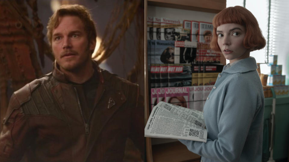 Chris Pratt in Avengers: Infinity War; Anya Taylor-Joy in The Queen's Gambit