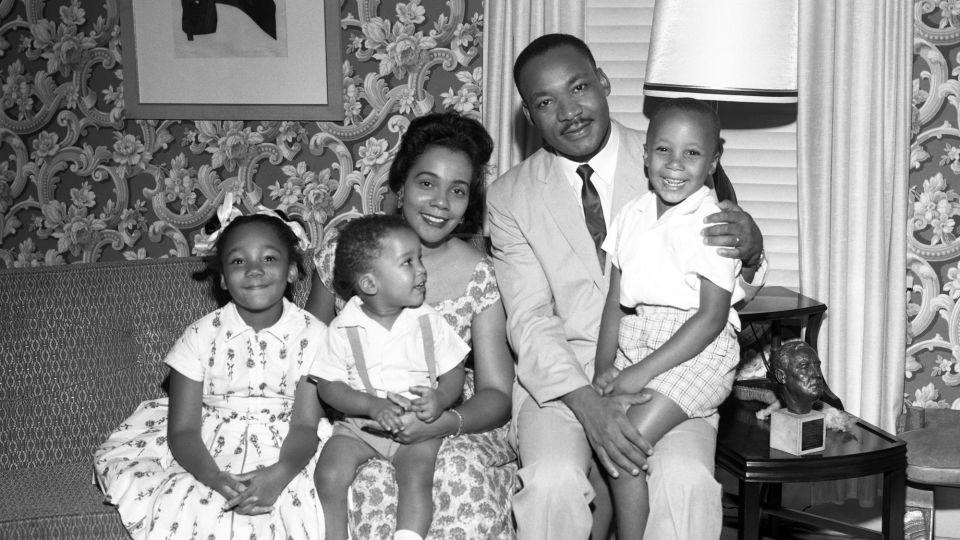 Martin Luther King Jr. poses for a family portrait with his daughter Yolanda Denise King, son Dexter Scott King, his wife Coretta Scott King and son Martin Luther King III at their home in Atlanta in July 1962. - TPLP/Archive Photos/Getty Images
