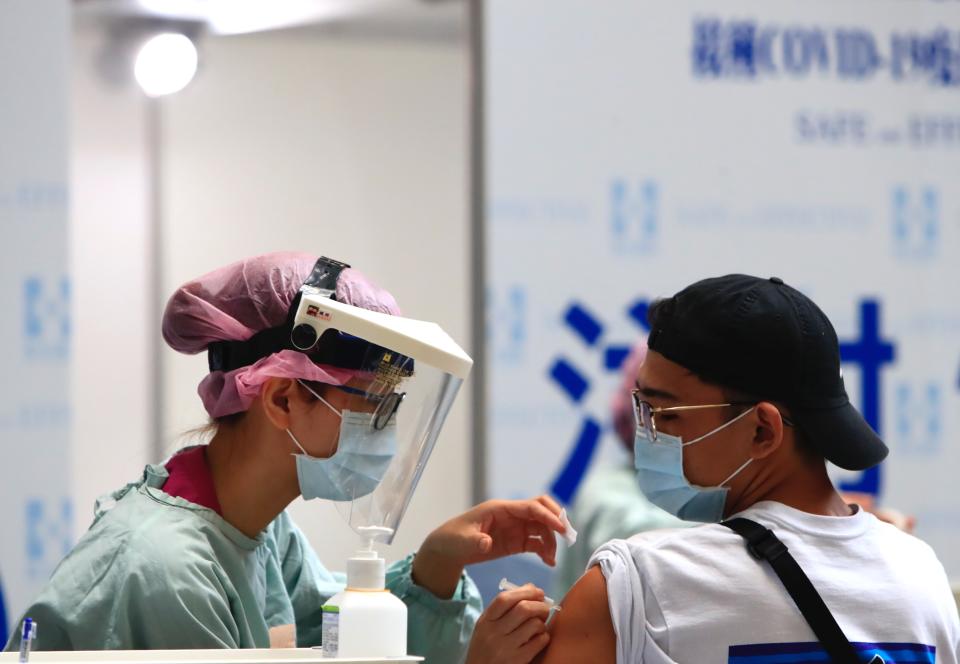 People get inoculated with the Taiwanese vaccine Medigen against Covid-19 at a hospital, on the commencement day of its nationwide vaccination programmes, in Taipei, Taiwan, 23 August 2021. Taiwan has been facing unstable supply of AstraZeneca, Moderna and Biontech vaccines following an outbreak which started in May, while the self-ruled island having a good relationship with the US is facing intensifying military and political threats from China. (Photo by Ceng Shou Yi/NurPhoto via Getty Images)