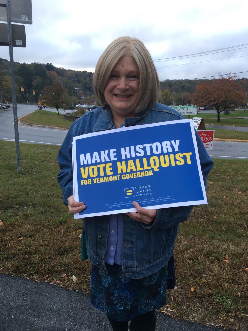 Brenda Churchill campaigns for Christine Hallquist, the first transgender major party candidate for governor in the U.S.