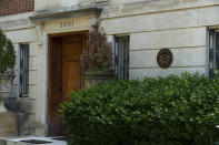 The main entrance to the embassy of the Islamic Republic of Afghanistan in Washington, Tuesday, May 17, 2022. The United States has taken control of Afghanistan's embassy in Washington and the country's consulates in New York and California. The State Department says it had assumed "sole responsibility" for the security and maintenance of the diplomatic missions effective on Monday and will bar anyone from entering them without its permission. The move came after the department said the embassy and consulates had "formally ceased conducting diplomatic and consular activities in the United States." (AP Photo/Manuel Balce Ceneta)