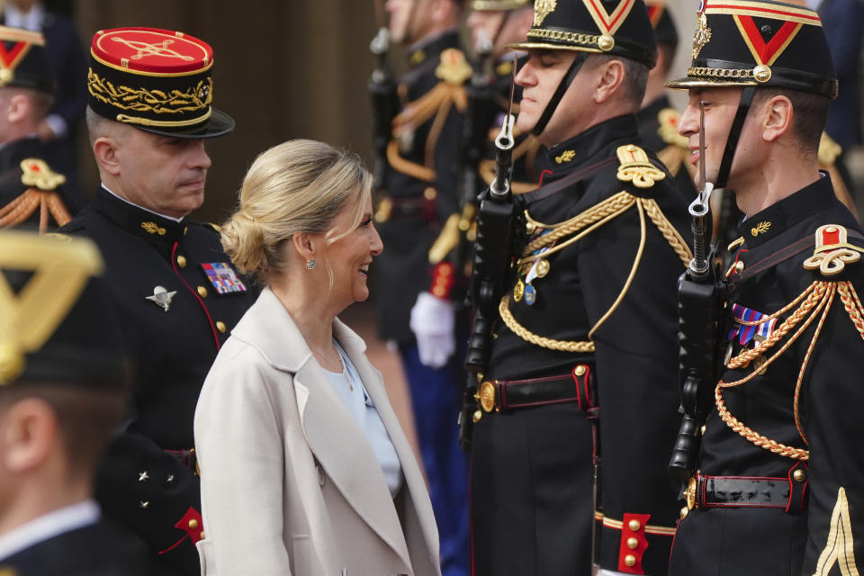 Britain's Sophie, the Duchess of Edinburgh attends as troops from France's 1er Regiment de le Garde Republicaine partake in the Changing of the Guard ceremony at Buckingham Palace, to commemorate the 120th anniversary of the Entente Cordiale - the historic diplomatic agreement between Britain and France which laid the groundwork for their collaboration in both world wars, in London, Monday, April 8, 2024. France is the first non-Commonwealth country to take part in the Changing of the Guard. (Victoria Jones/Pool Photo via AP)