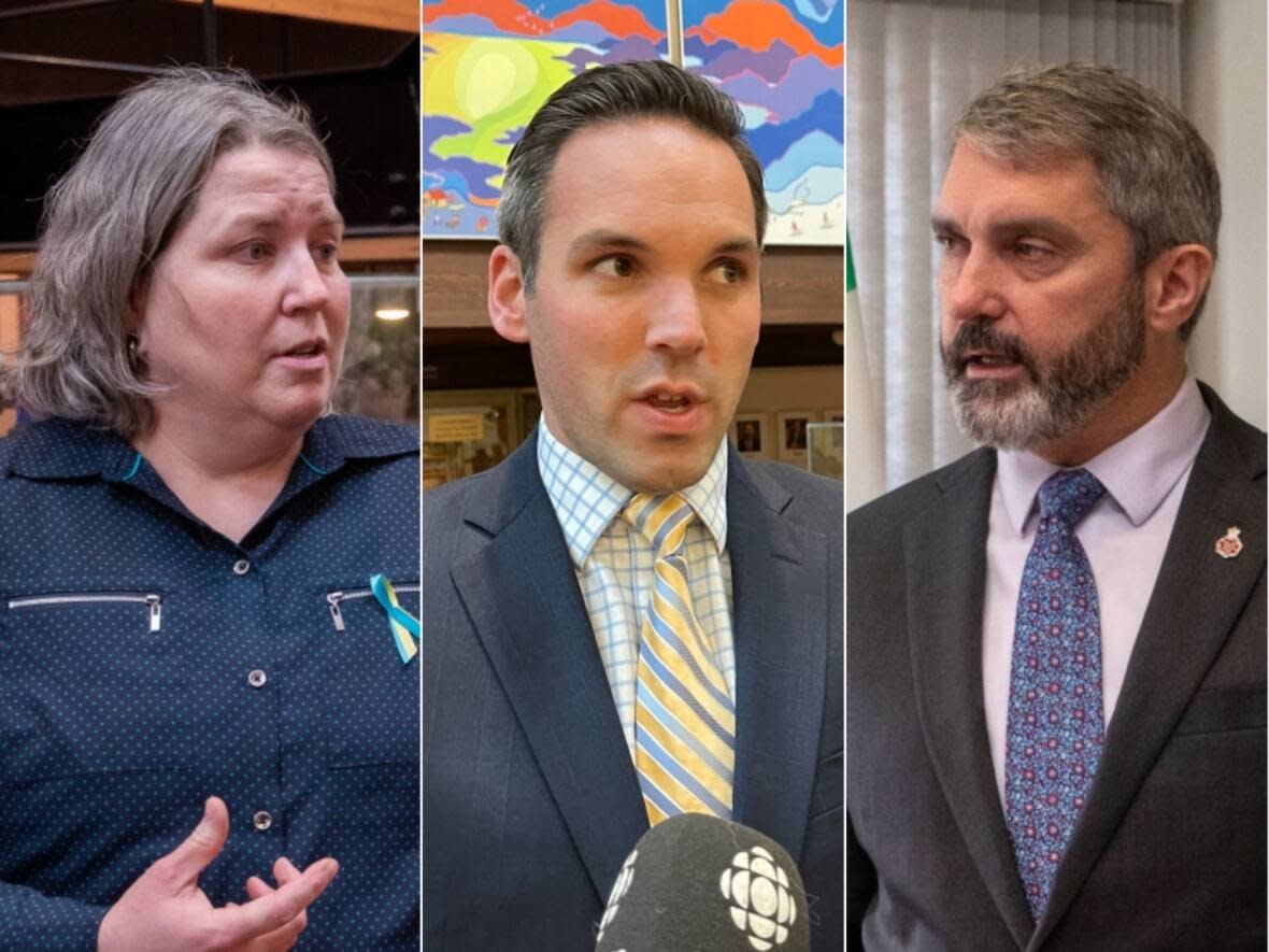 NDP Leader Kate White, Yukon Party Leader Currie Dixon, and Yukon Premier Sandy Silver. (CBC - image credit)