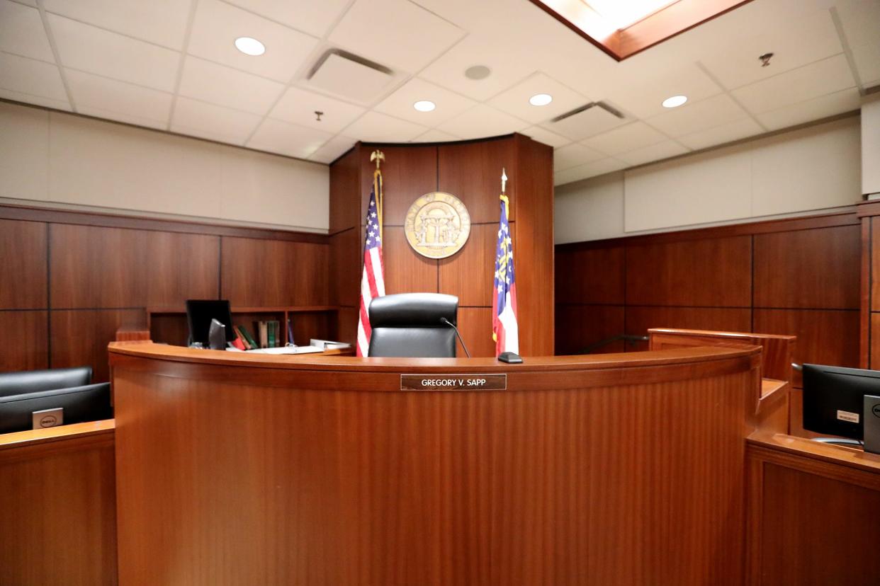 The Judge's Bench for State Court Judge Gregory Sapp inside the Chatham County Courthouse.