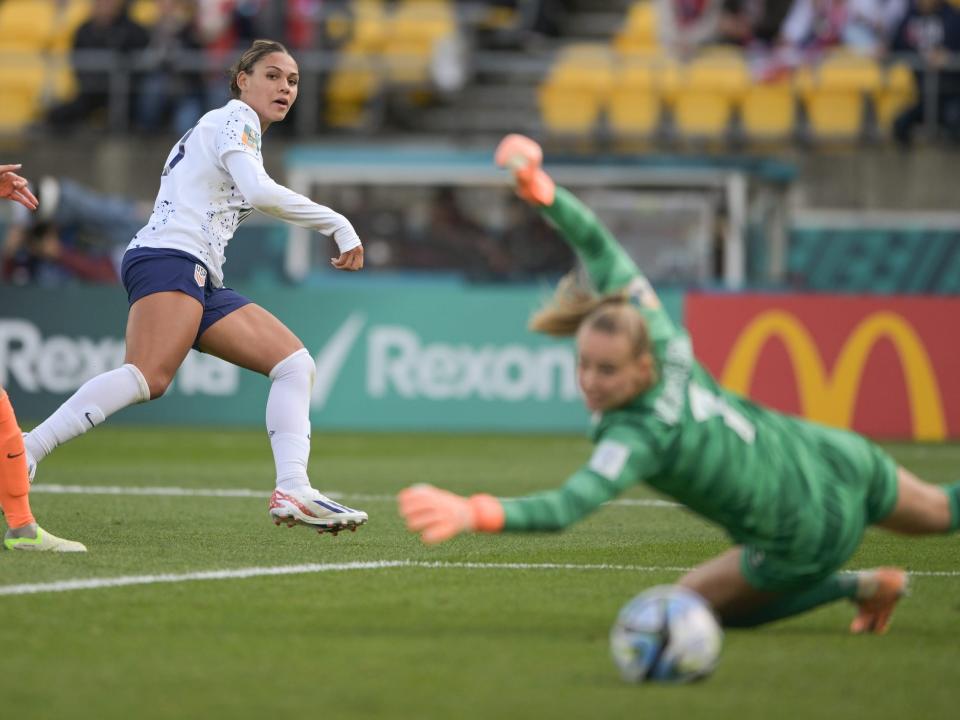 Trinity Rodman takes a shot during the USWNT's 2023 World Cup match against the Netherlands.