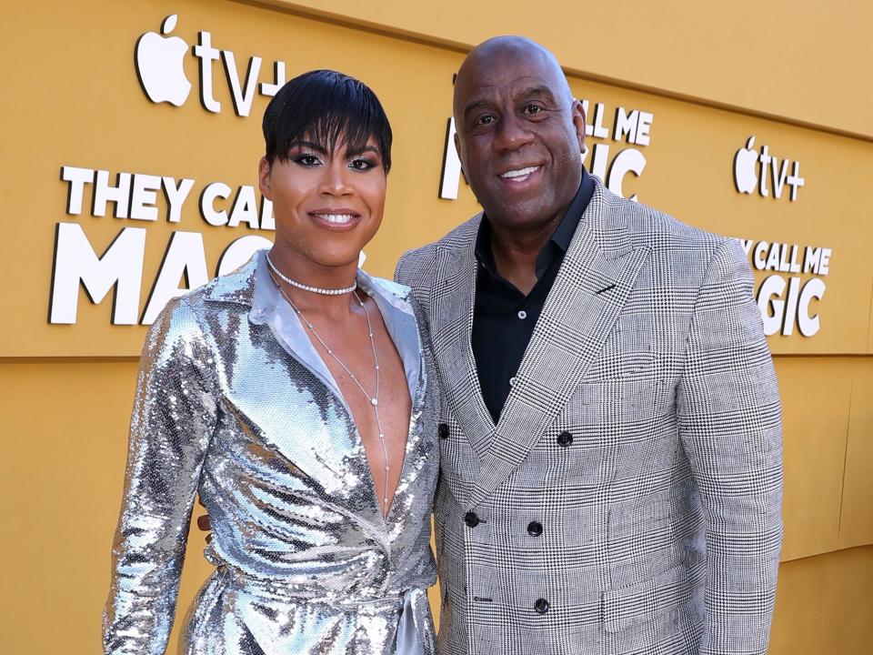 EJ Johnson and Magic Johnson attend the Los Angeles premiere of Apple's "They Call Me Magic" at Regency Village Theatre on April 14, 2022 in Los Angeles, California