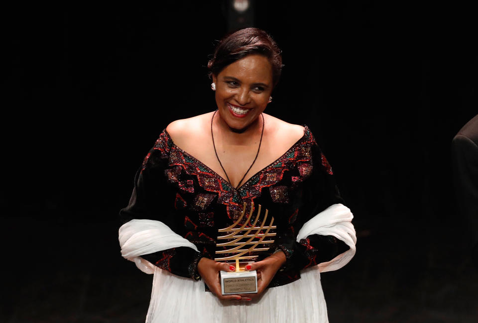 MONACO, Nov. 24, 2019 -- Ethiopian athlete Derartu Tulu receives the Female Athlete of the Year Award during the 2019 World Athletics Awards ceremony, in Monaco, Nov. 23, 2019. (Photo by Wu Lei/Xinhua via Getty) (Xinhua/Wu Lei via Getty Images)