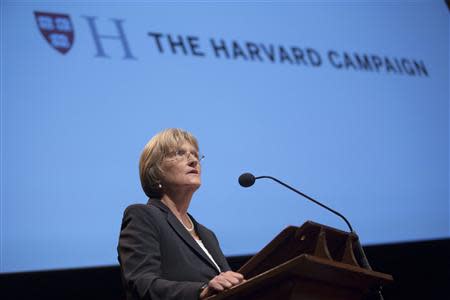 Harvard President Drew Faust speaks during "The Opportunity to Make a Difference" campaign launch at Harvard University in Cambridge, Massachusetts in this September 21, 2013 handout provided by Harvard University. REUTERS/Kris Snibbe/Harvard Staff Photographer/Handout via Reuters