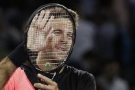 Mar 28, 2018; Key Biscayne, FL, USA; Juan Martin del Potro of Argentina celebrates after his match against Milos Raonic of Canada (not pictured) on day nine at the Miami Open at Tennis Center at Crandon Park. Mandatory Credit: Geoff Burke-USA TODAY Sports