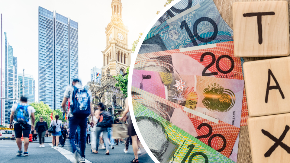 Pictured: Australian cash and TAX written out, busy Sydney street. Images: Getty