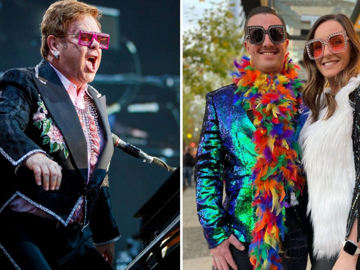 Thousands of Elton John fans from across Western Canada descended on Vancouver's B.C. Place to watch the performer play what he says is his farewell tour, including couple Lucas Conway and Sarah Balneaves, right, from Chilliwack, B.C. (Valentin Flauraud/Keystone/The Associated Press, Chad Pawson/CBC - image credit)