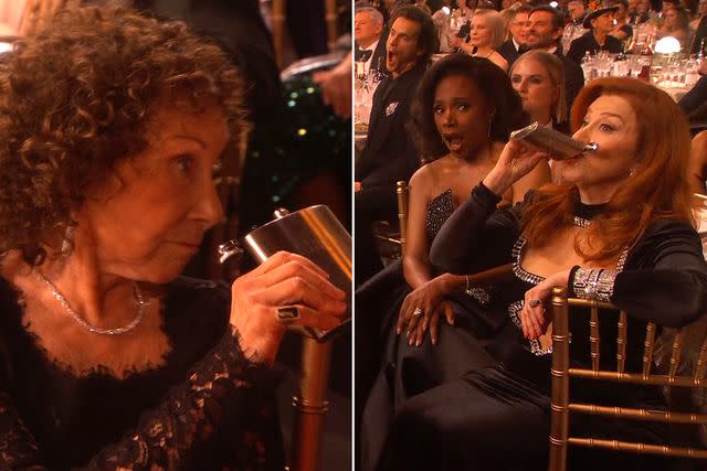 <p>Netflix</p> Rhea Perlman and Lisa Ann Walter shared a flask at the 2024 SAG Awards