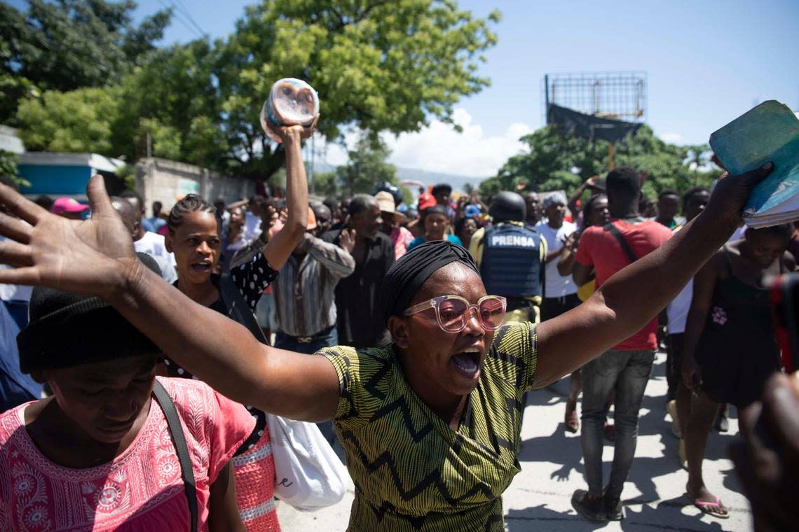 Demonstrators march demanding peace and security in the La Plaine neighborhood of Port-au-Prince, Haiti, on May 6, 2022. Escalating gang violence has prompted Haitians to organize protests to demand safer neighborhoods.