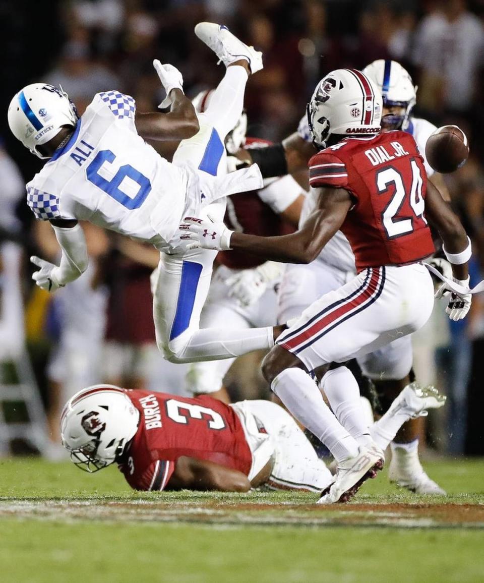 Kentucky wide receiver Josh Ali fumbled the ball against South Carolina on Saturday.