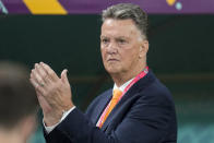 Head coach Louis van Gaal of the Netherlands applauds prior the start the World Cup group A soccer match between Netherlands and Ecuador, at the Khalifa International Stadium in Doha, Qatar, Friday, Nov. 25, 2022. (AP Photo/Natacha Pisarenko)