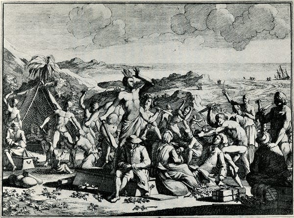 This 1707 artwork by  Pieter van der Aa depicts “The Florida Indians Capture the Shipwrecked Company.”