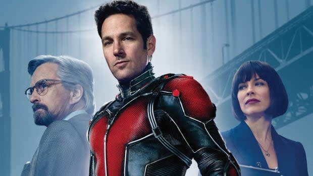 Michael Douglas as Dr. Henry Pym, Paul Rudd as Scott Lang/Ant-Man and Evangeline Lilly as Hope Van Dyne in "Ant-Man"<p>Marvel Studios/Disney</p>