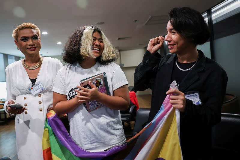 Thai LGBTQ community celebrate after the passing of the same-sex marriage bill by the Senate, in Bangkok