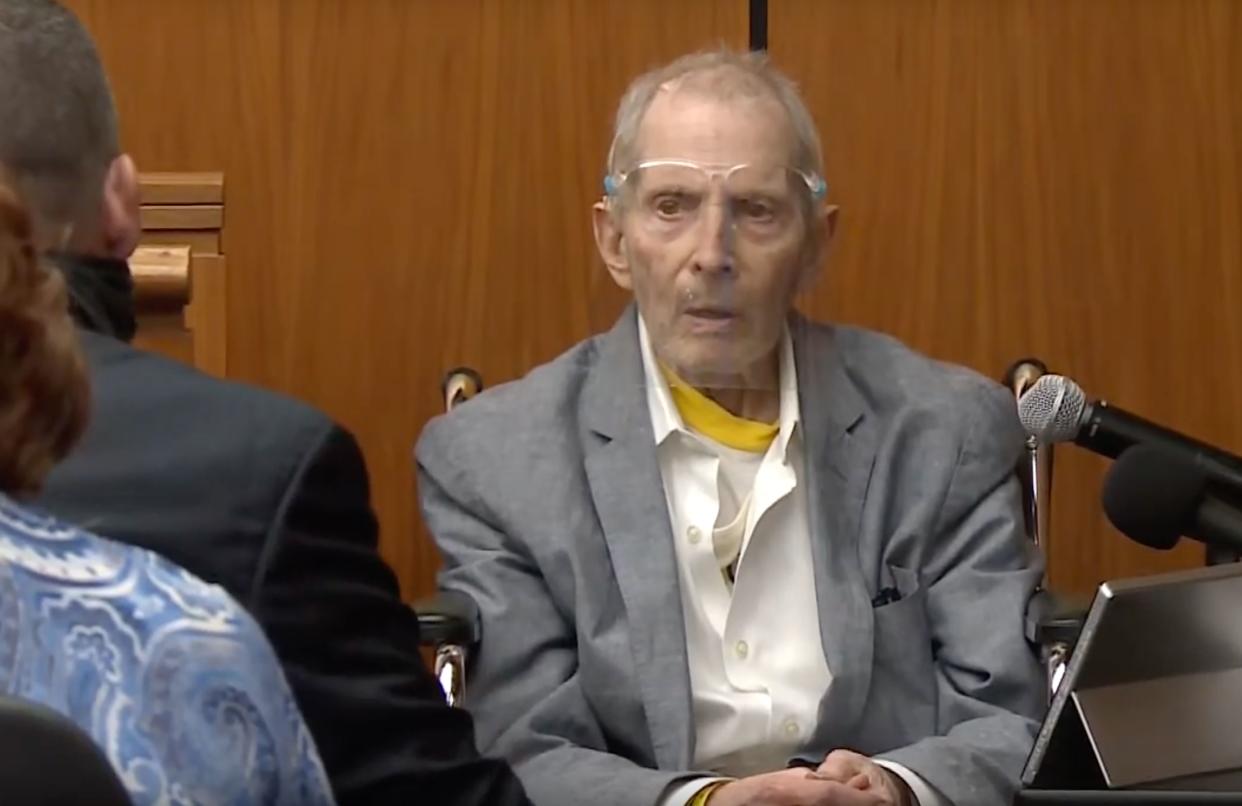 In this still image taken from the Law & Crime Network court video, real estate heir Robert Durst answers questions while taking the stand during his murder trial on Tuesday, Aug. 31, 2021, in Los Angeles County Superior Court in Inglewood, Calif.