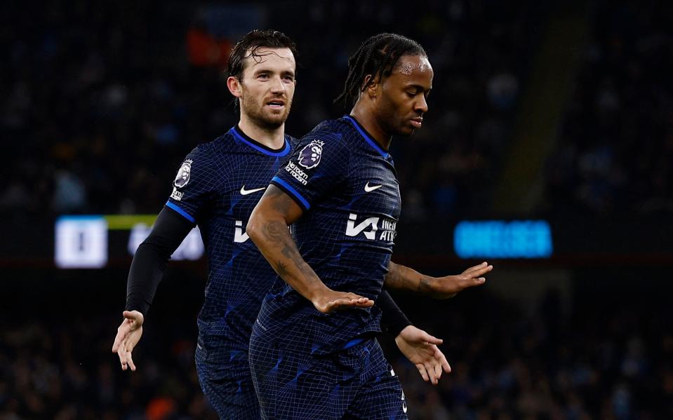 Chelsea's Raheem Sterling celebrates scoring their first goal with Ben Chilwell