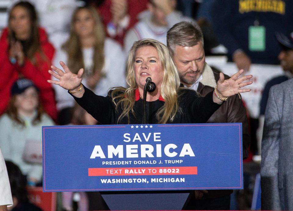 Michigan Republican Party co-chair Meshawn Maddock speask during a Save America rally at the Michigan Stars Sports Center in Washington Township on April 2, 2022.