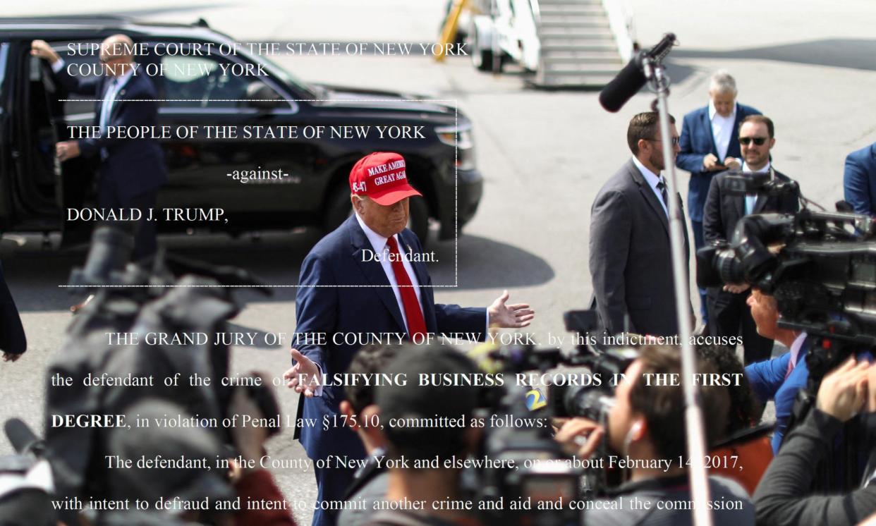 <span>Donald Trump arrives in Atlanta, Georgia, on 10 April 2024.</span><span>Illustration: Alyssa Pointer/Guardian Design</span>
