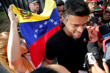 Venezuelan opposition leader Leopoldo Lopez talks to the media at the residence of the Spanish ambassador in Caracas, Venezuela May 2, 2019. REUTERS/Manaure Quintero