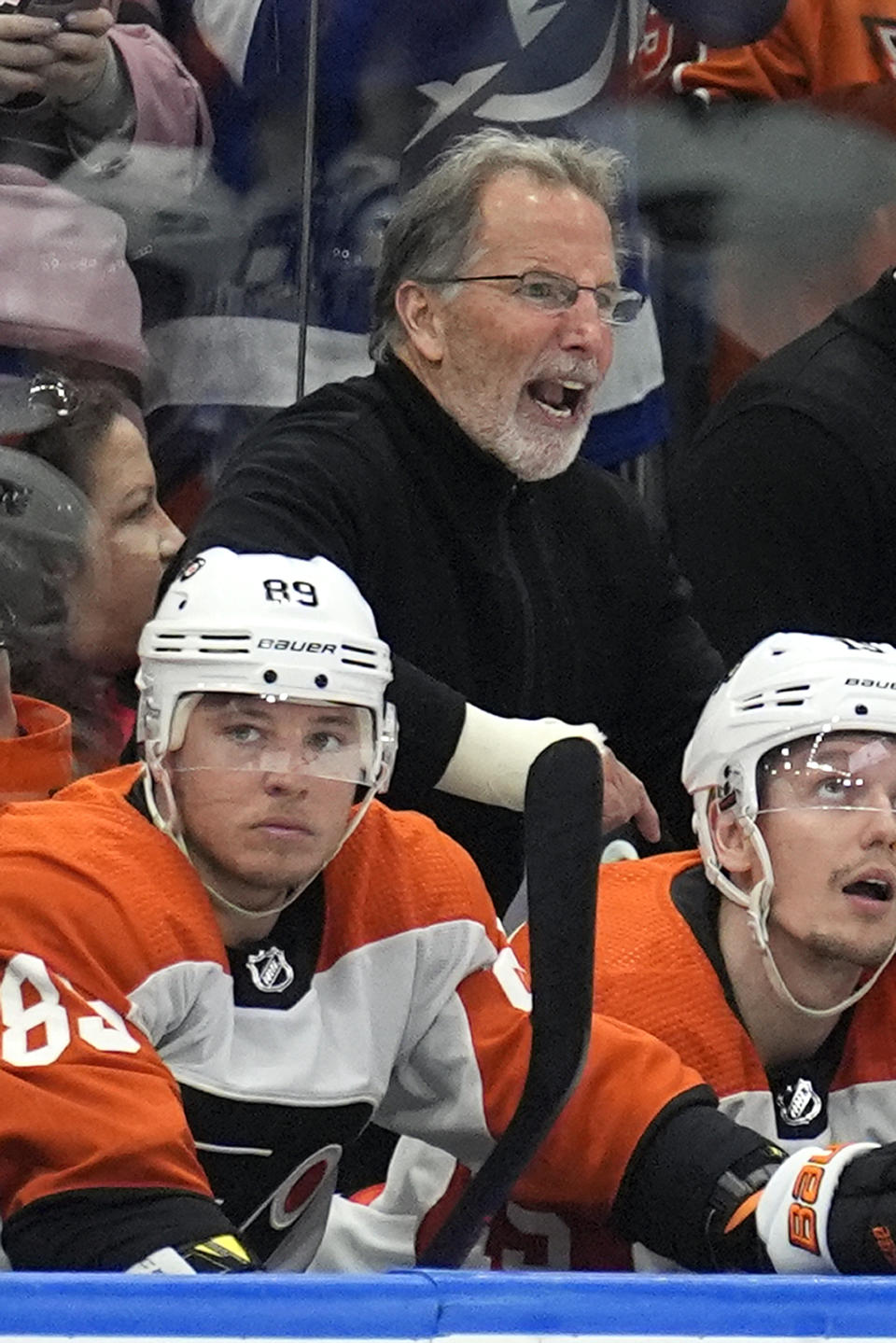 Philadelphia Flyers head coach John Tortorella screams at the officials after being kicked out of the game against the Tampa Bay Lightning during the first period of an NHL hockey game Saturday, March 9, 2024, in Tampa, Fla. (AP Photo/Chris O'Meara)