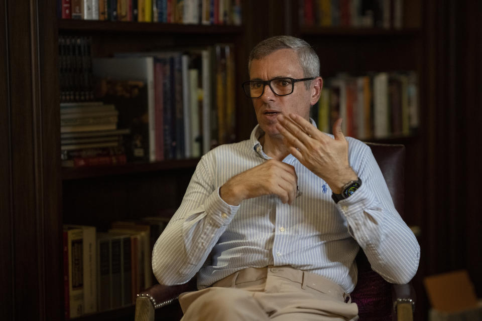 National Conference (NC) leader and former chief minister of Jammu and Kashmir Omar Abdullah speaks to Associated Press at his residence in New Delhi, India, Friday, Aug., 4, 2023. Kashmir’s top pro-India politician says the disputed region is lacking democracy four years after Prime Minister Narendra Modi's ruling Hindu nationalist party stripped its statehood, separate constitution and inherited protections on land and jobs. (AP Photo/Altaf Qadri)