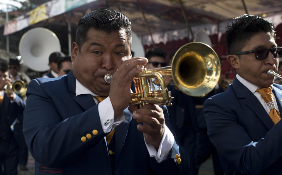 Musicians play during the Carnival in Oruro, Bolivia, Saturday, March 2, 2019. (AP Photo/Juan Karita)