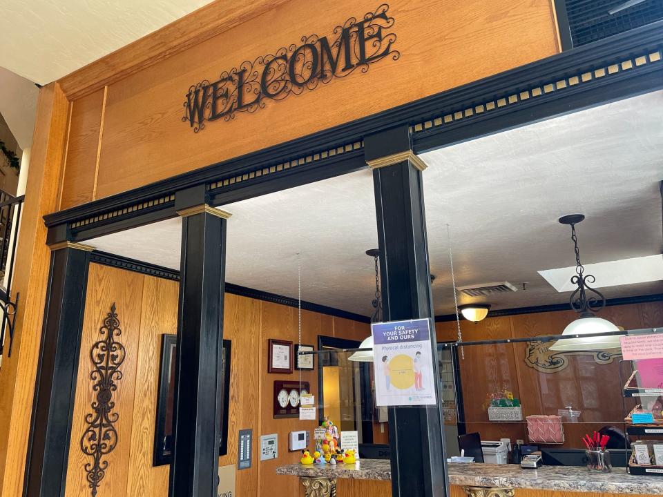 The reception desk at the Anniversary Inn.