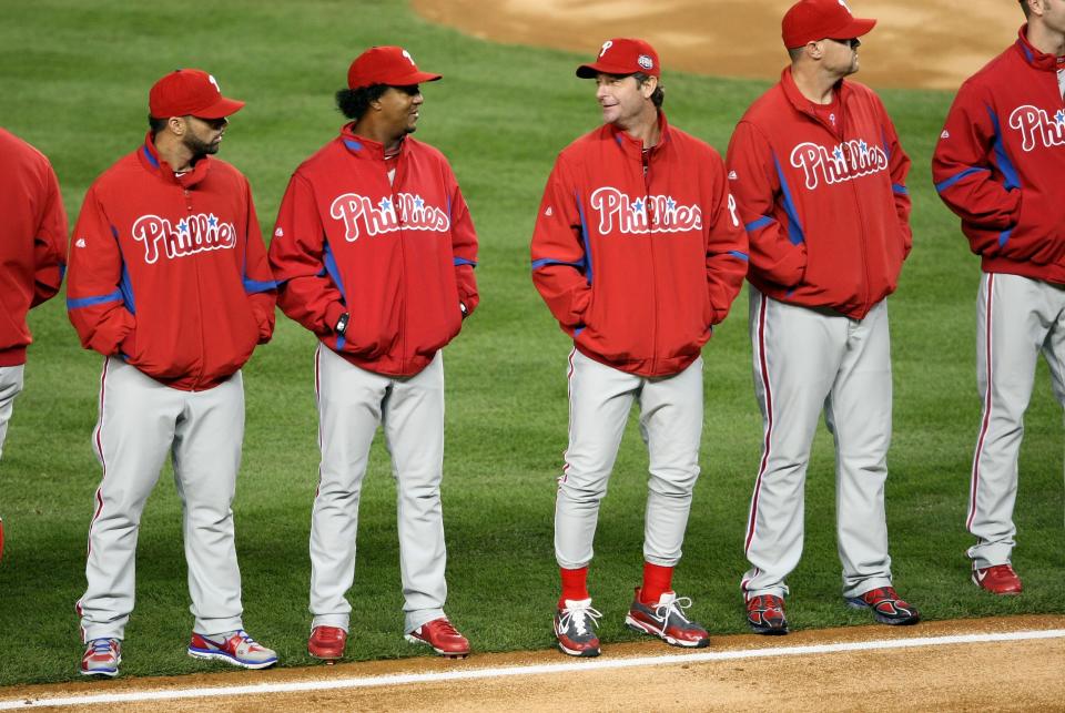 NEW YORK - OCTOBER 28:  Pedro Martinez #45 and Jamie Moyer #50 of the Philadelphia Phillies talk during pregame festivities against the New York Yankees in Game One of the 2009 MLB World Series at Yankee Stadium on October 28, 2009 in the Bronx borough of New York City.  (Photo by Nick Laham/Getty Images)