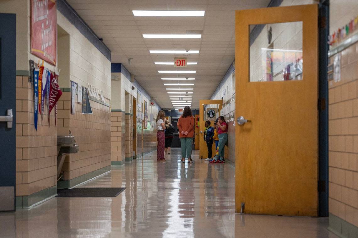 Students wait in a hallway at Eugene Ware Elementary School on Tuesday, April 16, 2024, in Kansas City, Kansas. Emily Curiel/ecuriel@kcstar.com