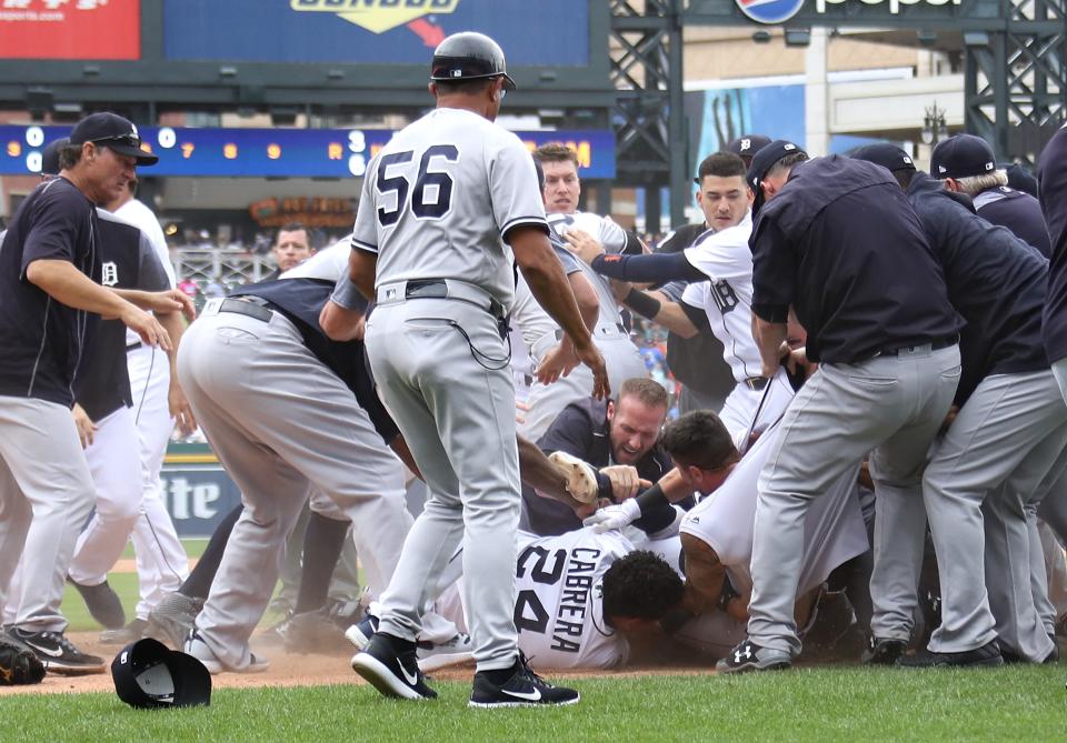 Miguel Cabrera (bottom, middle) is at the center of the Detroit Tigers’ fight with the New York Yankees on Thursday. (Getty Images)