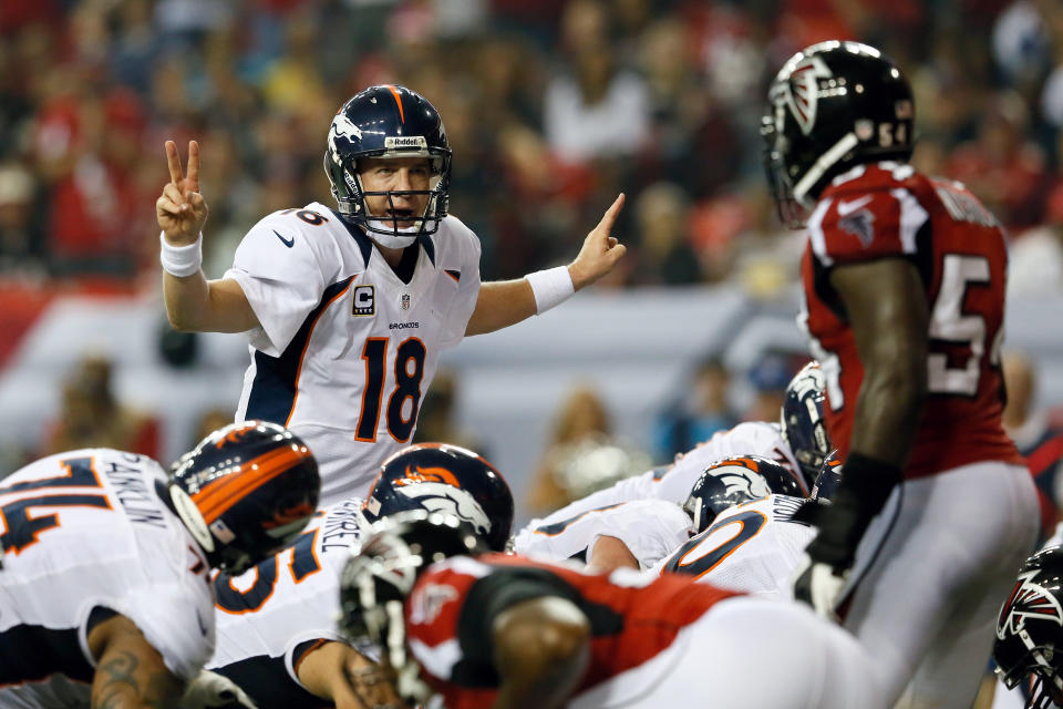 ATLANTA, GA - SEPTEMBER 17: Quarterback Peyton Manning #18 of the Denver Broncos calls a play against the Atlanta Falcons during a game at the Georgia Dome on September 17, 2012 in Atlanta, Georgia. (Photo by Kevin C. Cox/Getty Images)