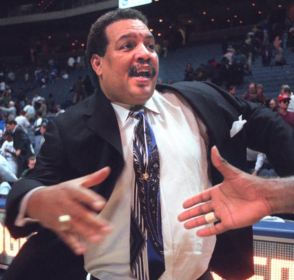 Feb. 26, 1997: University of Memphis basketball coach Larry Finch receives congratulations on a victory over Houston in The Pyramid.