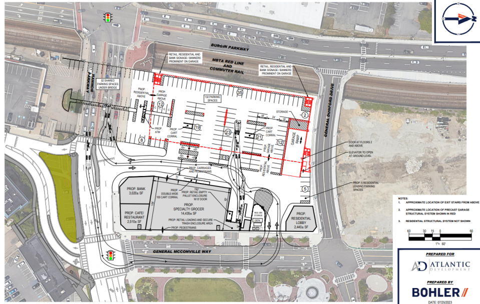 An aerial view of site plans for a proposed multi-use project at the site of the IHOP in Quincy.