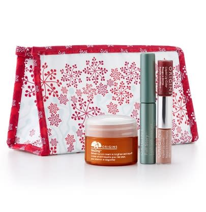 This GinZing Refreshing eye cream, lush-lash mascara and liquid lip color all come in a handy holiday-themed cosmetic bag.