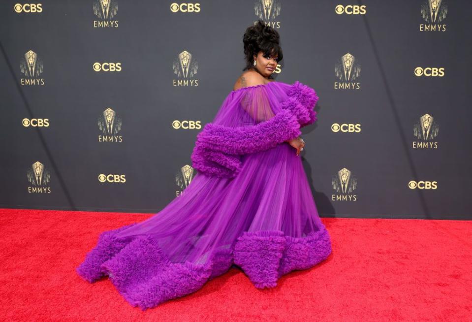 <p>Wearing bespoke Christian Siriano.</p>