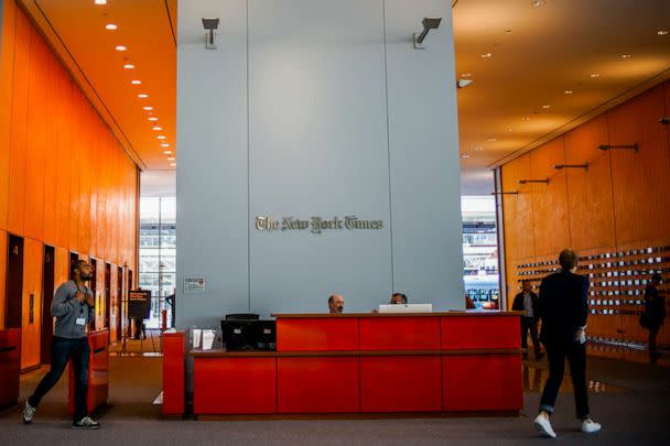 PHOTO: People walk inside the New York Times building, Oct. 14, 2019, in New York City.  (Eduardo MunozAlvarez/VIEWpress/Corbis via Getty Images)