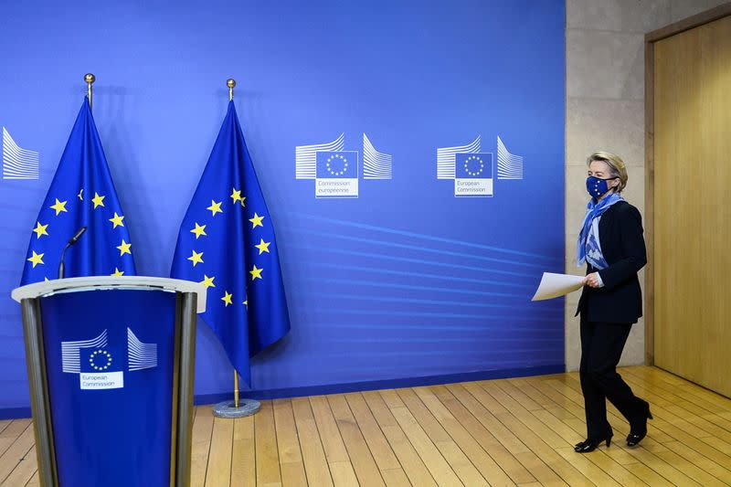 European Commission President von der Leyen arrives to give a statement, in Brussels