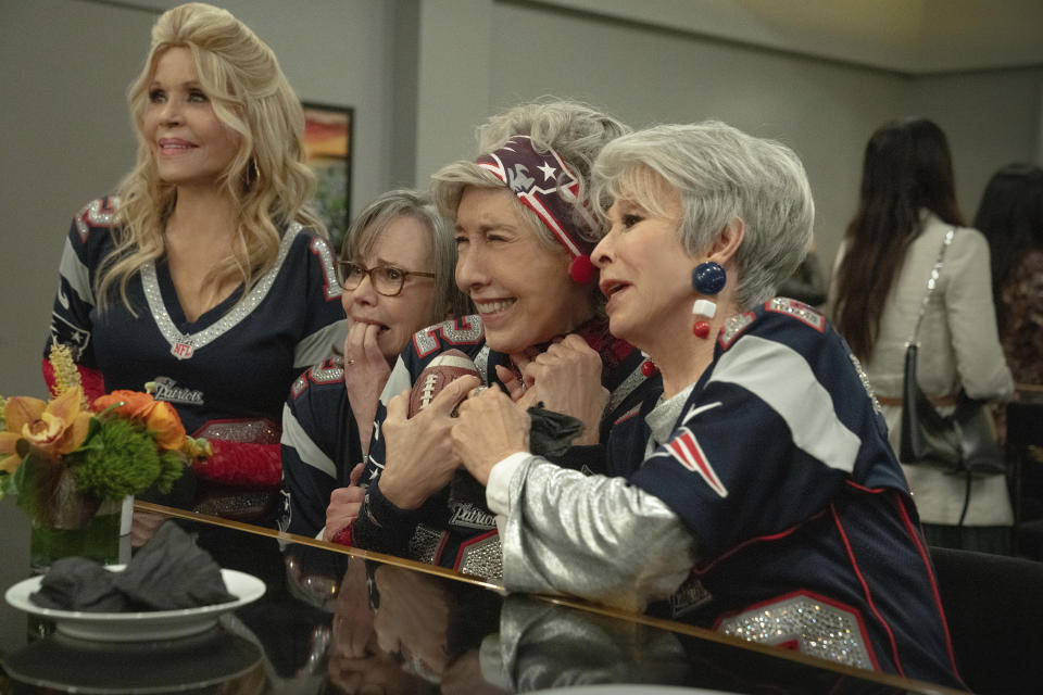 This image released by Paramount shows Jane Fonda, from left, Sally Field, Lily Tomlin and Rita Moreno in a scene from "80 for Brady." (Scott Garfield/Paramount Pictures via AP)