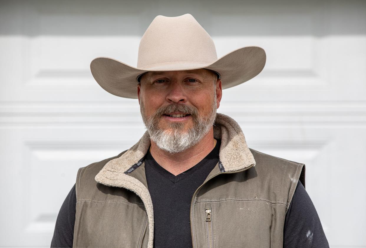 Republican candidate Aaron Reed poses for a photo on his farm in Shelbyville, Ky. Reed is running against Ed Gallrein and incumbent Sen. Adrienne Southworth in the 2024 primary election for Kentucky State Senate District 7.