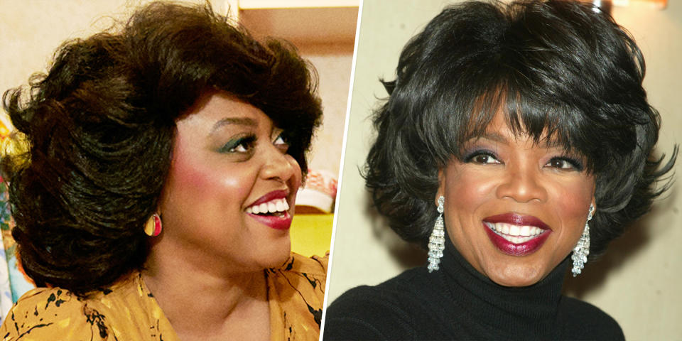 Brunson as Oprah Winfrey (.l), and Winfrey herself. (The Roku Channel, Getty Images)