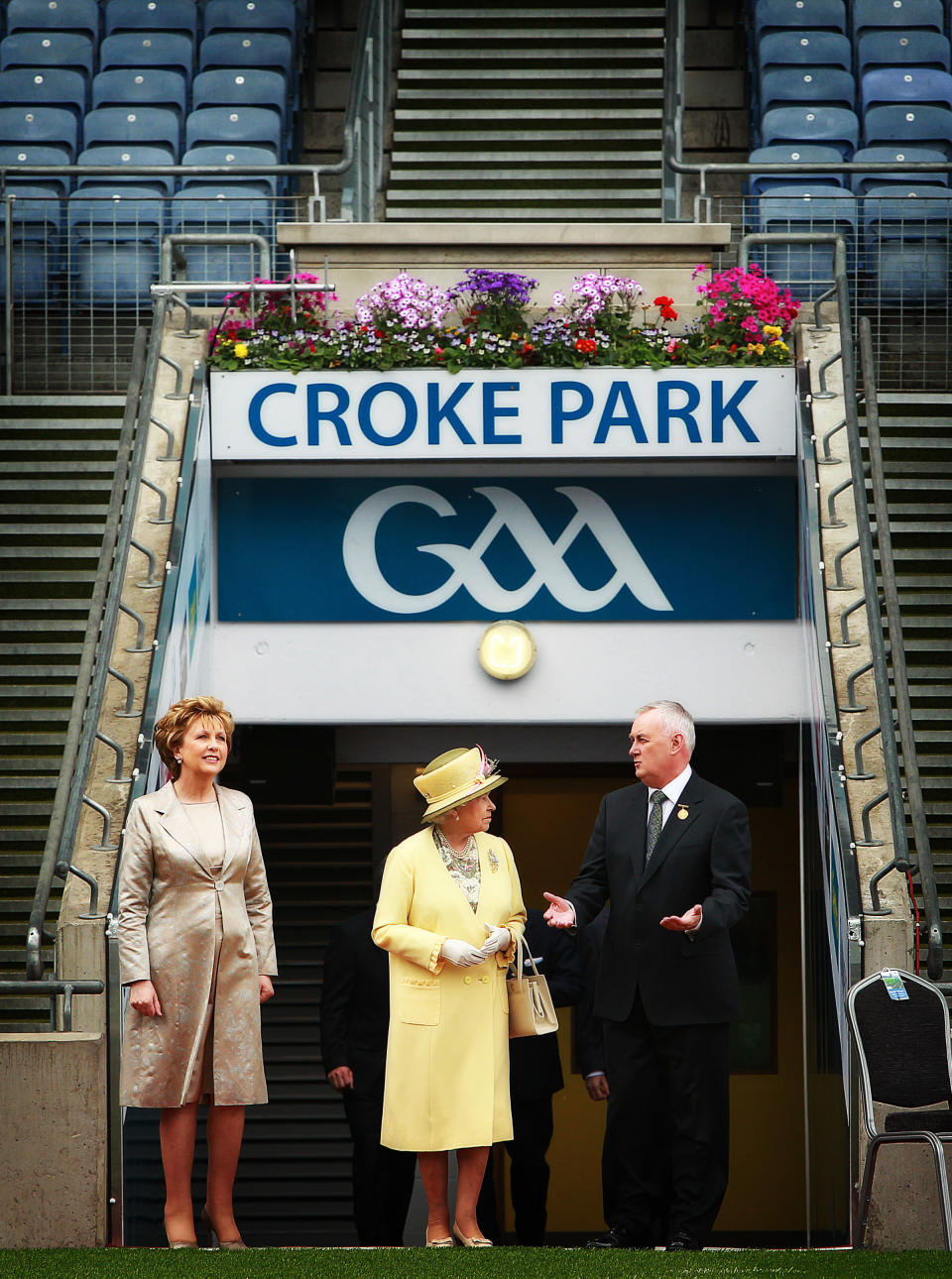 (Left - right) President of the Irish Republic Mary McAleese, Queen Elizabeth II and GAA President Christy Cooney at Croke Park, Dublin, during the second day of her State Visit to Ireland.Picture date: Wednesday May 18, 2011. See PA story IRISH Queen.   (Photo by Julien Behal/PA Images via Getty Images)