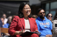 Acting United States Secretary of Labor Julie Su smiles before speaking at a news conference at Balletto Vineyards in Santa Rosa, Calif., Friday, April 26, 2024. Temporary farmworkers workers are getting more legal protections against employer retaliation, unsafe working conditions, illegal recruitment and other abuses. The rule announced Friday by the Biden administration aims to bolster support workers on H-2A visas. (AP Photo/Jeff Chiu)