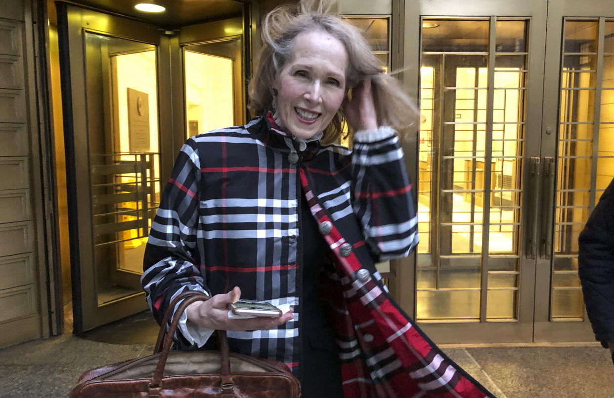 Columnist E. Jean Carroll leaves federal court, Feb. 22, 2022, in New York. (AP)