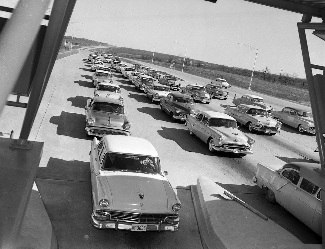 Nov. 30, 1957: Cars lined on the Dallas-Fort Worth Turnpike returning from the TCU vs SMN football game.