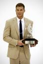 FILE - Los Angeles Clippers' rookie forward Blake Griffin receives the Eddie Gottlieb Trophy as he is named the 2010-11 NBA Rookie of the Year during a ceremony at the NBA basketball team's training center in Los Angeles, Wednesday, May, 4, 2011. Griffin announced his retirement Tuesday, April 16, 2024, after a 14-year career that included six All-Star selections, Rookie of the Year honors and a dunk contest victory. (AP Photo/Damian Dovarganes, File)